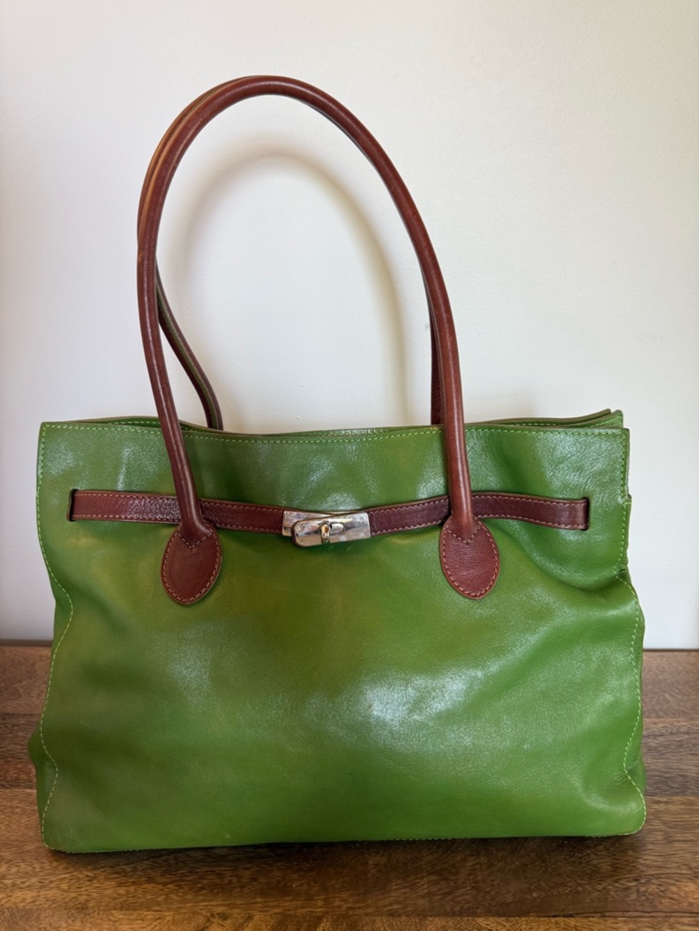 Italian Leather Tote Bag Firenze I Ponti Green Handmade Structured Lock Bag